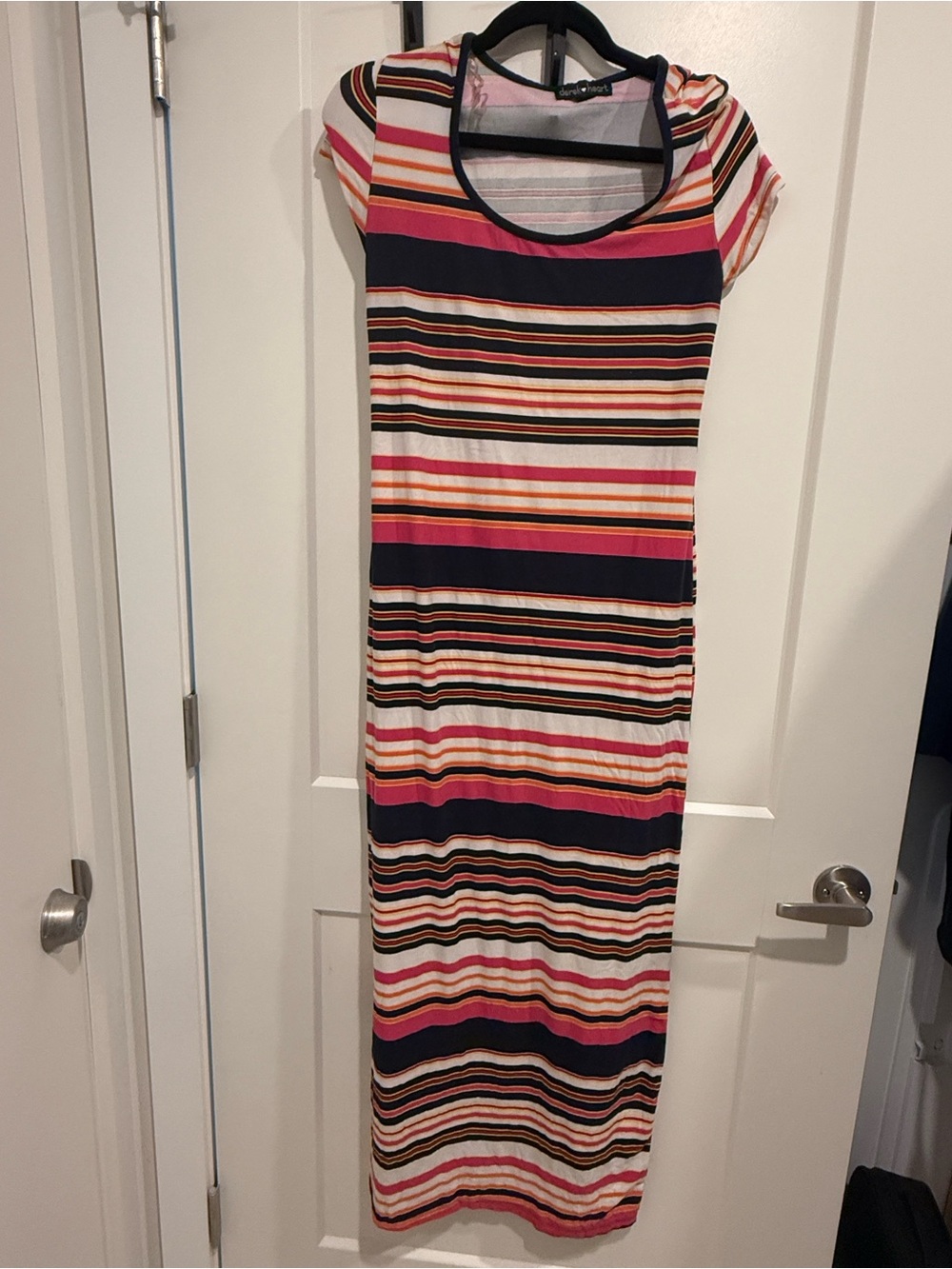 Derek Heart Striped Short-Sleeve Maxi Dress in Pink, Navy, Cream and Tan